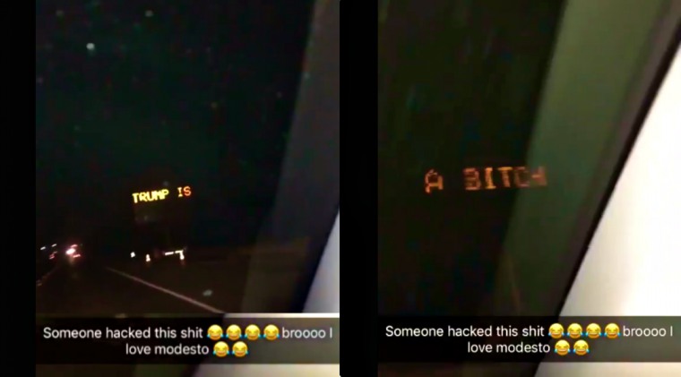 Road Sign in Modesto Hacked with Anti-Trump Message